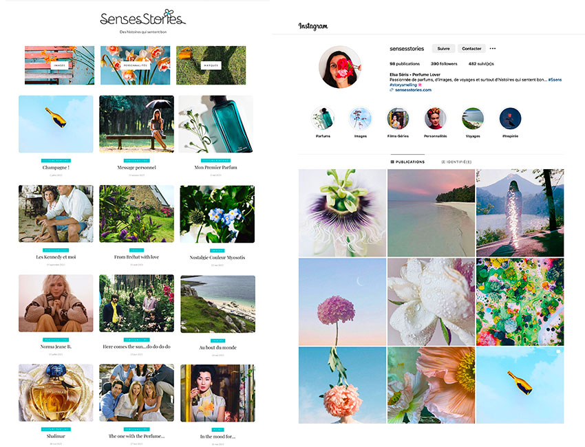 Homepage du Blog et de la page Instagram de Senses Stories